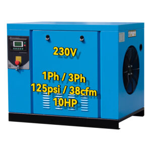 10HP Rotary Screw Air Compressor 39CFM 125PSI 230V 1 or 3 Phase
